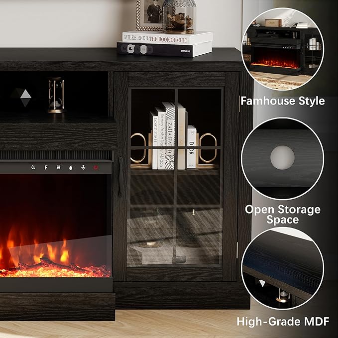 CharaVector 63 inch Fireplace TV Stand for TVs up to 75" with 30" 3-Sided Electric Fireplace, Farmhouse Entertainment Center with Glass Doors & Storage Cabinet, Black