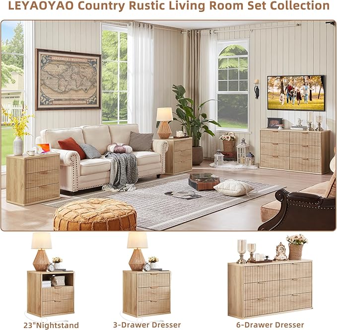 LEYAOYAO Fluted Nightstand Set of 2 with Charging Station,23" Modern Nightstand with Woodgrain Top, 3 Drawer End Table w/Storage, BedsideTables for Bedroom, Living Room, Curved Profile,Wood