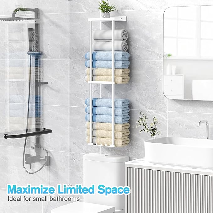 Towel Rack for Bathroom, Wall Mounted Vertical Rolled Towel Storage Organizer Holder with Shelf, Holds Up 6 Large Bath Sheets, White