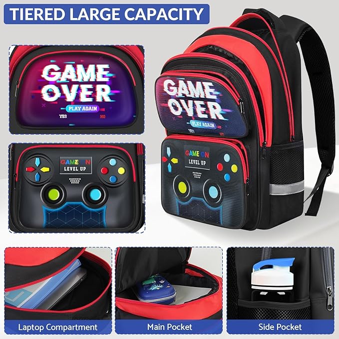 School Backpack for Boys - 3pcs Gamer Boys Backpack with Lunch Box Set for Kids Teens Elementary Middle School - 17″ Video Game Bookbag Travel Back Pack for Age 6-18