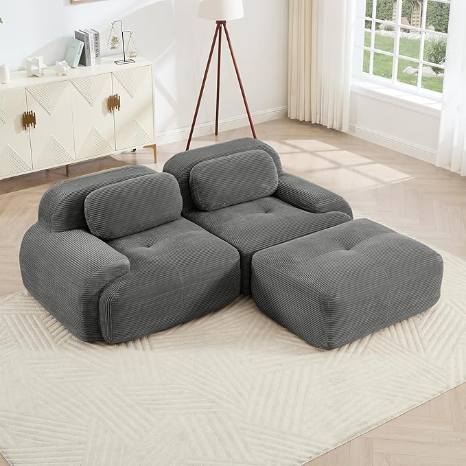 80" Modern Compressed Boneless Love Seat Couches with 1 Ottoman, 2 Seater Large Sectional Couches for Living Room, Gray Corduroy Cloud Modular Sectional Sofa, Memory Foam, Deep Loveseat, No Assembly