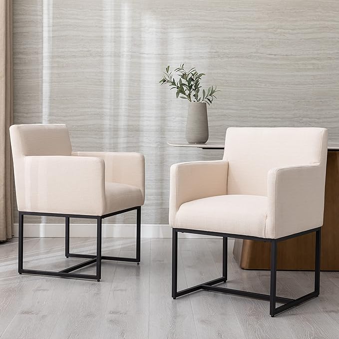 Linen Upholstered Dining Chairs with Arms Set of 2, Mid Century Modern Kitchen Chairs with Black Metal Frame Accent Armchairs Padded, Cream