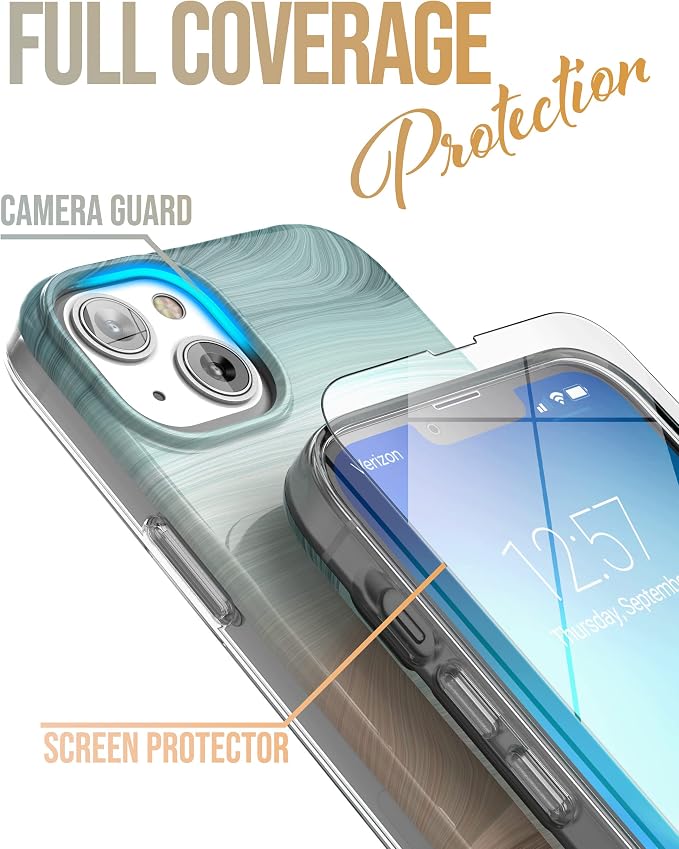 ENCASED Finger Loop Case Designed for iPhone 14 Plus Case with Hand Strap Phone Holder and Screen Protector (Black/Gold Marble)