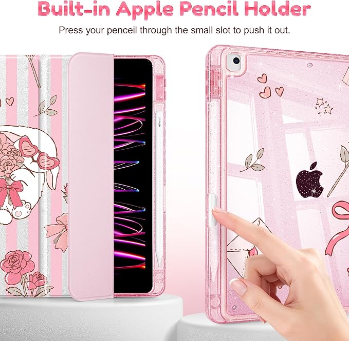Case for iPad 9th/ 8th/ 7th Generation 10.2-Inch Case(2021/2020/2019 Release) Glitter Tablet Cases with Transparent Acrylic Back+Trifold Stand+Pencil Holder+Auto Wake/Sleep Bows-Stripe