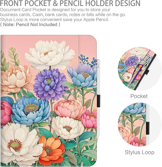 Case for iPad Air 13-inch M4/M3/M2 iPad Pro 12.9 6th/5th/4th/3rd Generation Case with Pencil Holder Multi-Angle Adjustable Stand Shockproof Pocket/Hand Strap/Auto Wake Sleep Sunflowers Butterfly