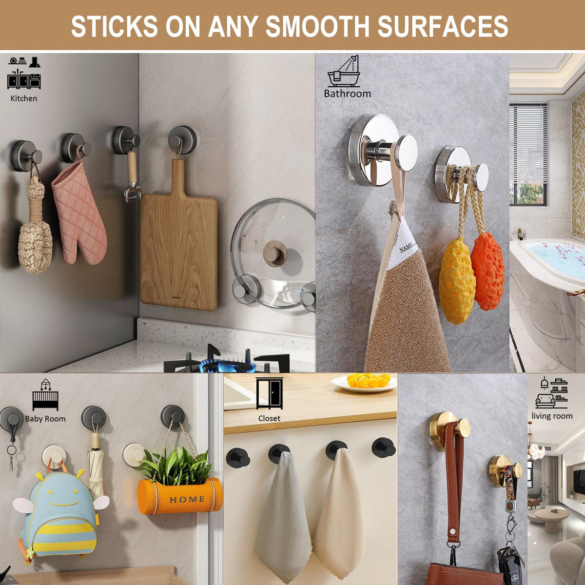 ZESLMG Suction Cup Hooks for Shower, Nickel Wreath Hangers for Front Door Glass Window Bathroom Kitchen Wall, Removable Towel Holder Bath Robe Loofah Coat Hooks No Damage for Hanging, 2 Pack
