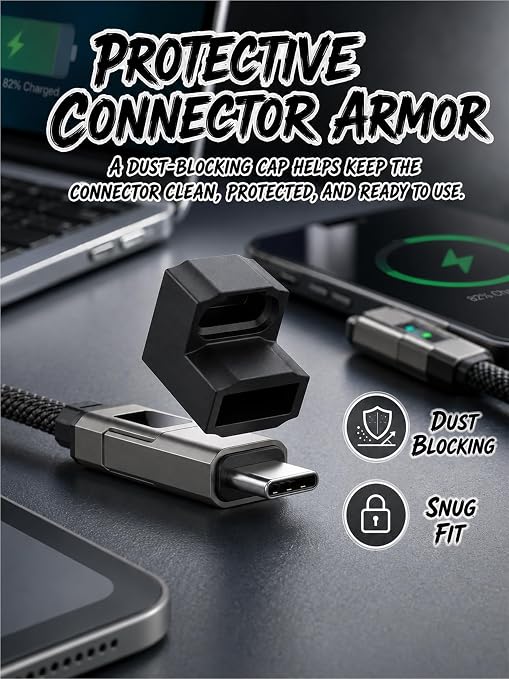 4-in-1 Charging Cable with Digital Display &amp Keychain – Fast-Charging Kink-Resistant &amp Compact Short Multi-Interface Braideds Fast Charging Lanyard Cord for Laptop Phone (Black)