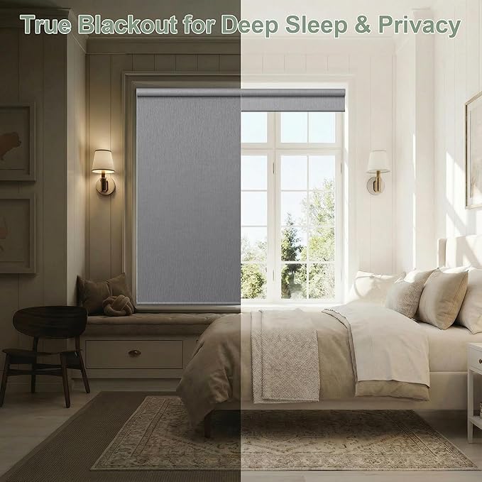 Zshine Motorized Blackout Window Blinds Customize Width (23-95 Inches) Remote Control Wireless and Rechargeable Roller Shades Blinds for Windows, Home, Office, Hotel, Club, Restaurant(82164C)