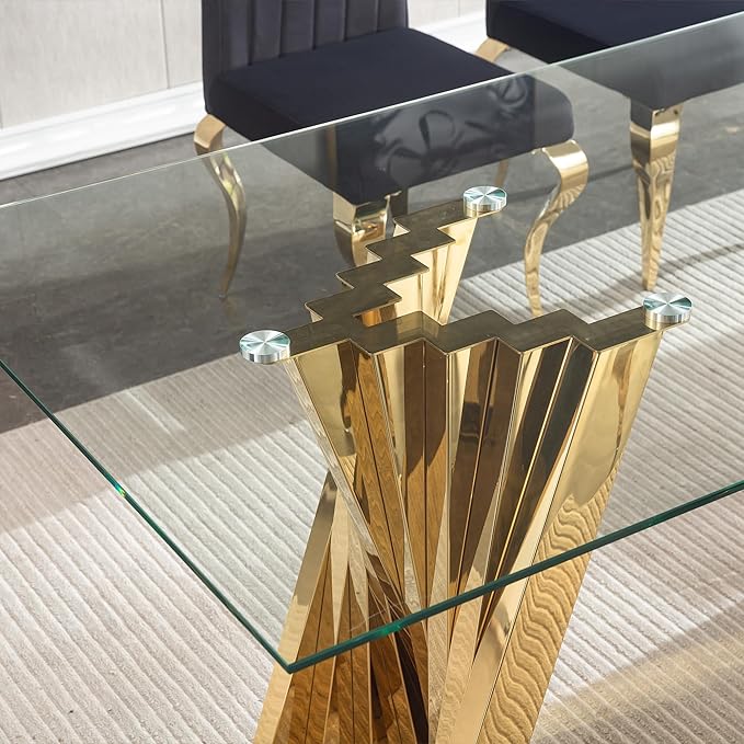 HomVent 70.08" Rectangular Clear Tempered Glass Dining Table,Stylish Design with Golden Stainless Steel Legs, Dining Table for Dining Room