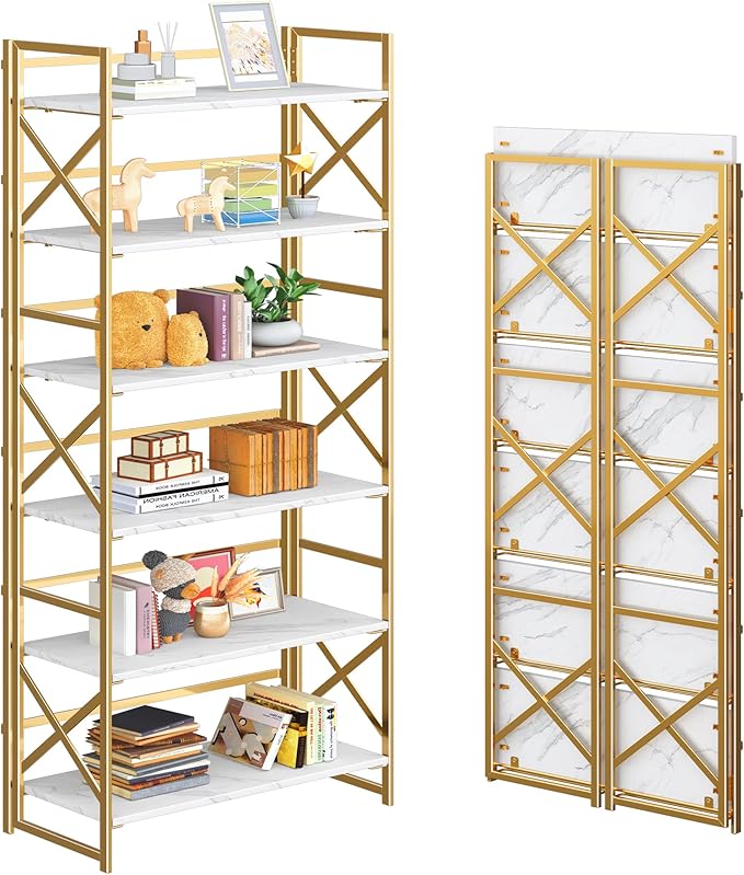 4NM 6 Tiers No Assembly Book Shelves, 61.8" H Folding Bookshelf Bookcase Open Industrial Foldable Shelves for Bedroom, Living Room, Home Office - White Gold