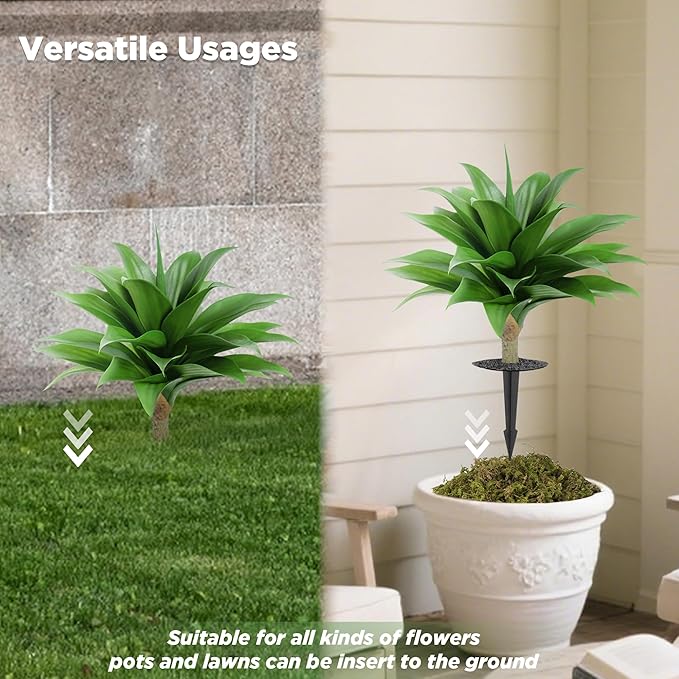 15 Inch Artificial Agave Plant with Ground Stake, Realistic Faux Succulents for Home Decor, UV-Resistant Fake Agave Plant for Indoor Outdoor Planters, Porch, Patio, Balcony, Poolside, 2 Pack