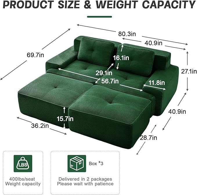 80" Modern Corduroy Boneless Love Seat Couches with 2 Ottomans, 2 Seater Large Sectional Couches for Living Room, Green Cloud Modular Sectional Sofa, Memory Foam, Extra Deep Loveseat, No Assembly