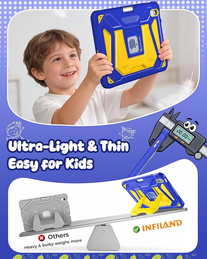 INFILAND Kids Case for iPad A16 11th Generation 11 Inch (2025) iPad 10th Generation 10.9 Inch (2022) Heavy Duty Rugged Shockproof Protective Cover with Dual-Support Folding Kickstand (Black)