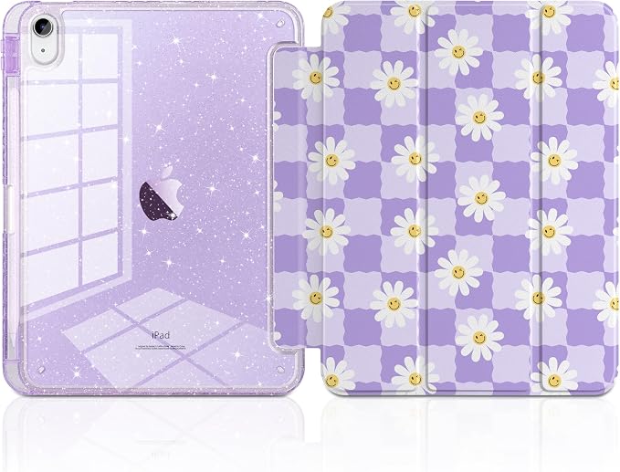MEEgoodo Case for iPad A16 11th Generation 2025/10th Generation 2022 Glitter Tablet Cases with Transparent Acrylic Back+Trifold Stand +Pencil Holder+Auto Wake/SleepAbstract Sun &amp Palm Tree