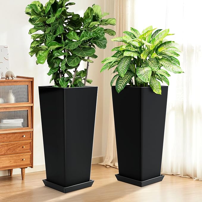 Set of 2 Large Tall Planter for Indoor or Outdoor 24" Flower Pots Tapered Tall Planters with Tray for Porch, Patio, Backyard, Large Planters for Outdoor Indoor Plants(Black)