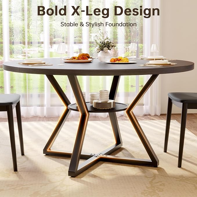 Concho 55" Round Kitchen Dining Room Table for 6-8,Circle Dining Dinner Table with Pedestal Metal Frame,Space Saving Wood Kitchen & Dining Room Furniture, Deep Grey
