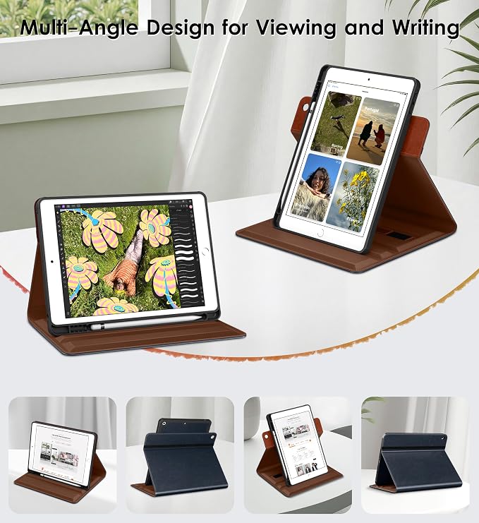 DTTO for iPad 9th/8th/7th Gen Case 10.2 Inch (2021/2020/2019) Brown | 360 Degree Rotating Premium Faux Leather Folio Stand Cover with Pencil Holder Auto Sleep/Wake Multiple Angles Hand Strap