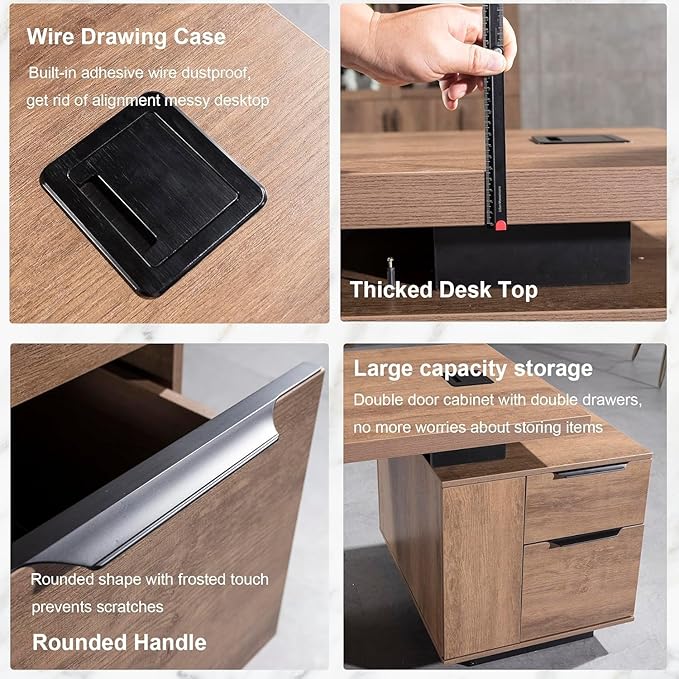Modern Executive Desk, Rectangle Office Desk with Storage Cabinet, Width Adjustable Standing Desks, Stand Under Table Storage Organizer, Mahogany