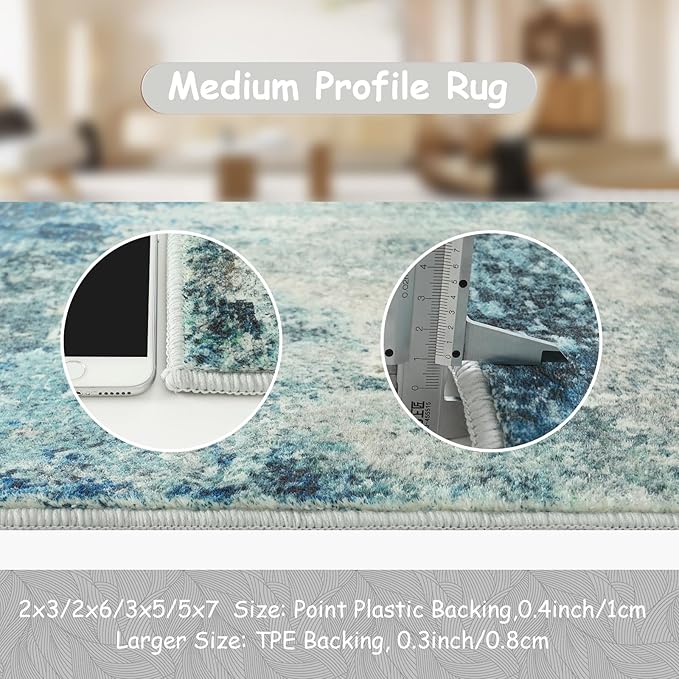 Lahome Modern Abstract Area Rug 5x7 Rugs for Living Room, Washable Accent Bedroom Rug Low Pile Non-Slip, Indoor Floor Contemporary Carpet for Kitchen Bathroom Laundry,Blue/Grey
