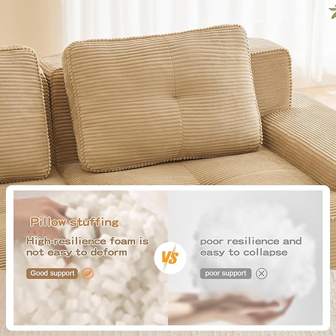 115.3'' Sectional Sofa, 32D Foam Corduroy Boneless Couch with Pillow, Deep Seat Wide Arm Sectional U Shaped Couch for Living Room, Apartment, Bedroom