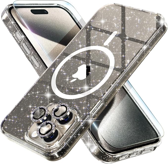 Choiche for iPhone 15 Pro Max Case Compatible with MagSafe Glitter Black | Women Girly Cute Glitter Sparkly Magnetic Phone Case with Diamond Camera Lens Protectors Military-Grade Drop Protection 6.7