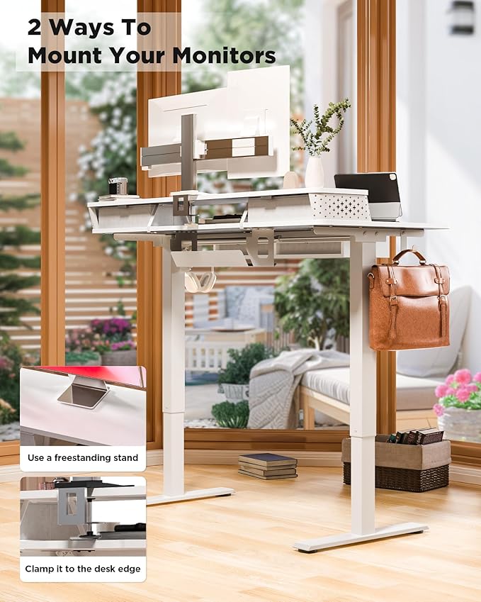 FiCiHi Adjustable Height Standing Desk with 4 Drawers,55 x 24 inches Electric Sit Stand Home Office Desk with Two Tiers, 3 Memory Presets, Monitor Stand Riser, C-Clamp Mount Compatible
