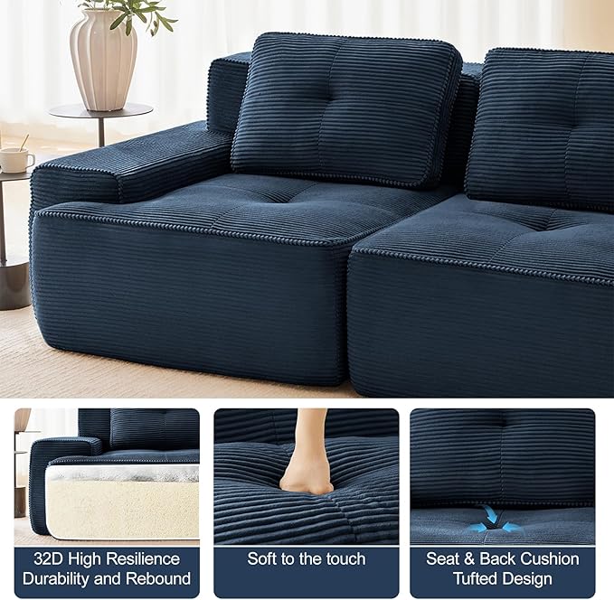 80" Modern Compressed Boneless Love Seat Couches, 2 Seater Large Sectional Couches for Living Room, Blue Corduroy Cloud Modular Sectional Sofa, Memory Foam, Extra Deep Loveseat, No Assembly