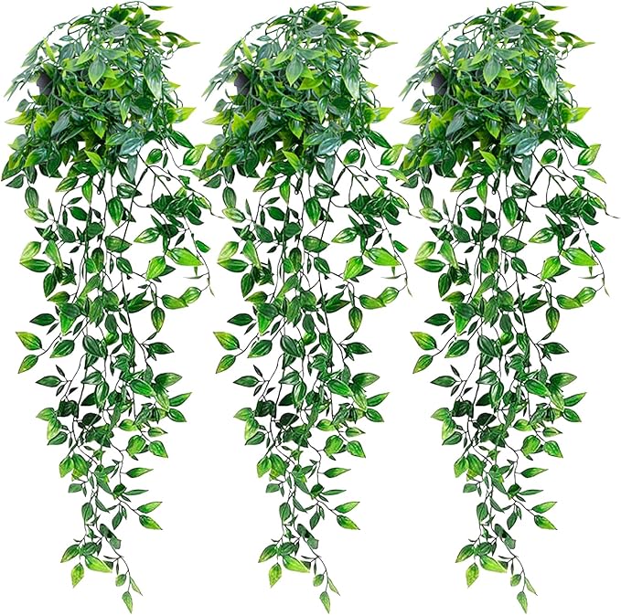 LOYWREE 3 Pack Small Artificial Hanging Mandala Plant with Pot Faux Plants Indoor Fake Small Potted Plant 28.7-In Long Faux Vine Shelf Decor Ideal for Indoor Outdoor Home Office Decoration (Black Pot)