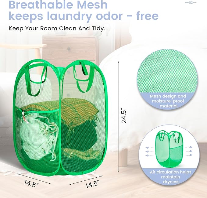 HOUSE AGAIN Pop Up Laundry Hamper, Strong Mesh Laundry Baskets Collapsible, Hamper with Handles and Side Pocket, Portable Foldable Dirty Clothes for Dorm, Laundry room and Travel Storage, Green