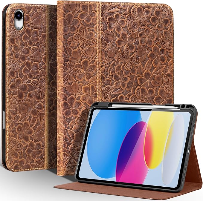 Leather Case for iPad (A16) 11th (11)/ 10th Generation (10.9) Full Grain LeatherProtective Smart Folio Cover with Pencil Holder Auto Sleep/WakeAnti Slip Black Silver