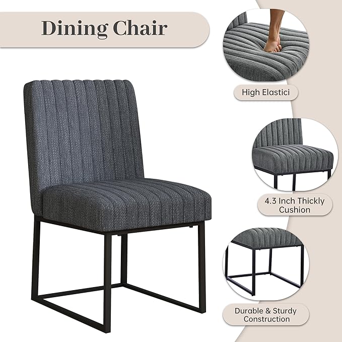 VKNOW Upholstered Dining Chairs Set of 6, Modern Dining Room Chairs with Stripe, Linen Kitchen Chair Dinner Chair with Black Metal Base for Kitchen Office, Dark Grey