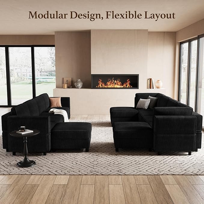 Modular Sectional Sofa 7 Seat U Shaped Couch with Storage Ottoman,Sectional Couches for Living Room,Corduroy Modular Couch in Black