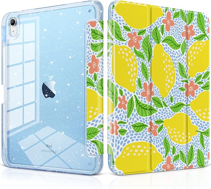 MEEgoodo Case for iPad A16 11th Generation 2025/10th Generation 2022 Glitter Tablet Cases with Transparent Acrylic Back+Trifold Stand +Pencil Holder+Auto Wake/SleepAbstract Sun &amp Palm Tree