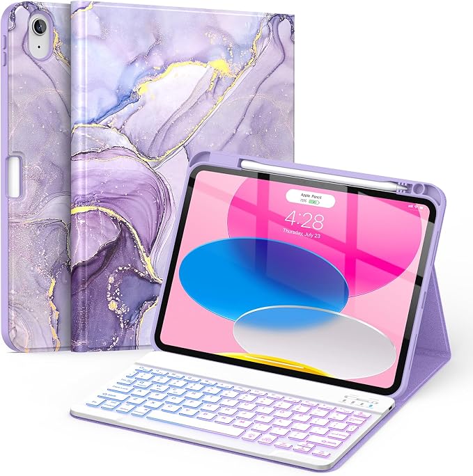 Soke for iPad (A16) 11th/10th Gen Case with Keyboard Black Marble | For iPad 11/10.9 inch(2025/2022) 7 Color Backlight Magnetic wireless Detachable Keyboard Case Built-in Pencil Holder