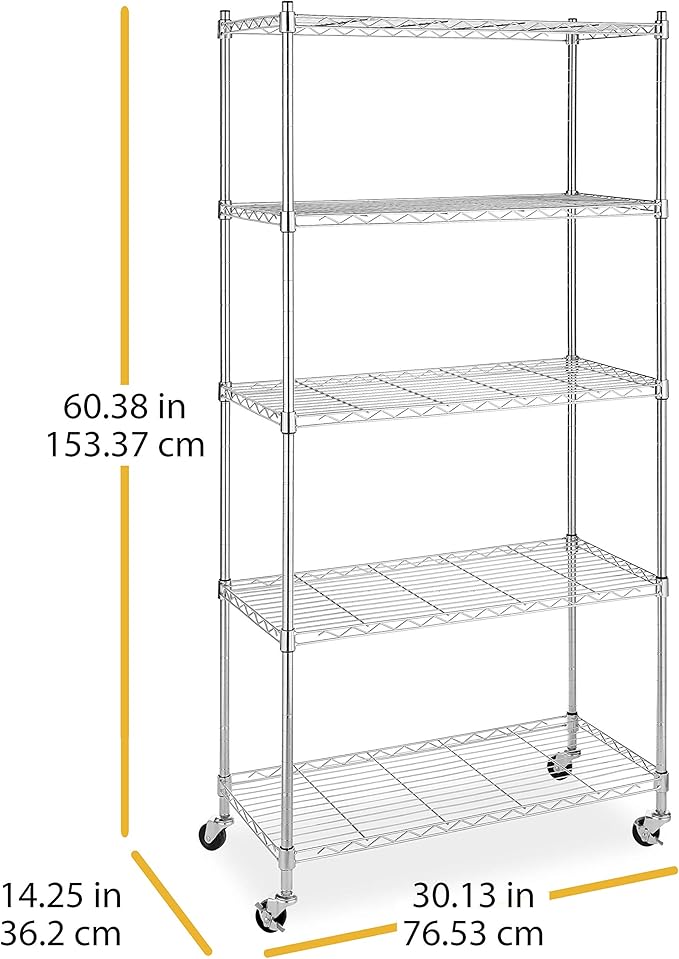 Whitmor 5 Tier Shelving Unit, Adjustable Storage Shelves with Wheels, 400 lbs Capacity per Shelf, Max 2000 lbs Total for Pantry, Kitchen, Garage, 30" L x 14" W x 60" H, Chrome
