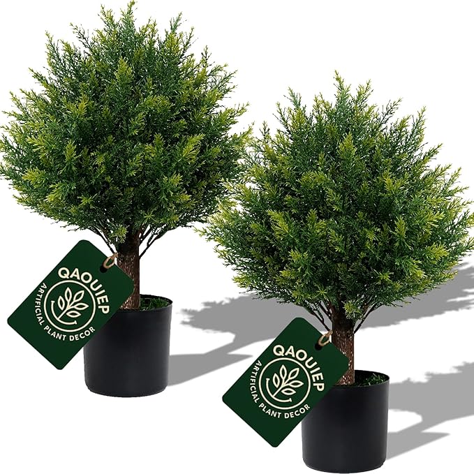 Artificial Cedar Topiary Trees - 24" Tall 17" Wide Set of 2 | Outdoor UV Resistant Fake Plants | Faux Evergreen Bushes Outdoor Indoor Porch Patio Décor | No Maintenance