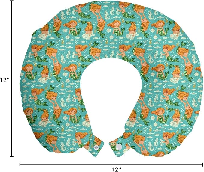 Ambesonne Underwater Travel Pillow Neck Rest, Nautical World Themed Pattern Mermaid Seahorse Fish Shells Cartoon, Memory Foam Traveling Accessory for Airplane and Car, 12", Turquoise Marigold Green