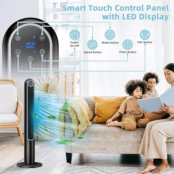 GOFLAME Tower Fan with Remote Control, 42" 80° Oscillating Quiet Cooling Fan with 3 Wind Modes, LED Control Panel and 12H Timer, Portable Bladeless Standing Fan for Bedroom Living Room Office (Black)