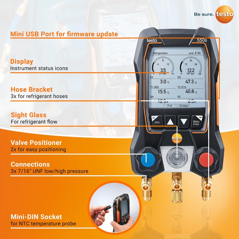 testo 550s AC Manifold Gauge Set – Manifold Gauges HVAC – Incl. 2 Wired Temperature Clamp Probes – Recharge Kit with Superheat, Subcooling For AC, Refrigeration & Heat Pumps – Bluetooth