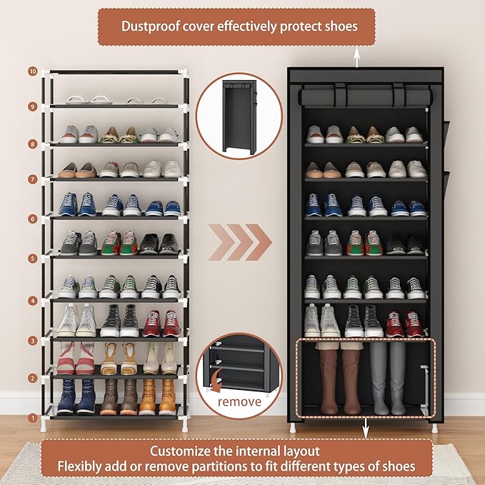 Calmootey 9 Tier Shoe Rack Organizer,Portable Shoe Shelf with Nonwoven Fabric Cover for Closet Hallway,Bedroom,Entryway,Grey