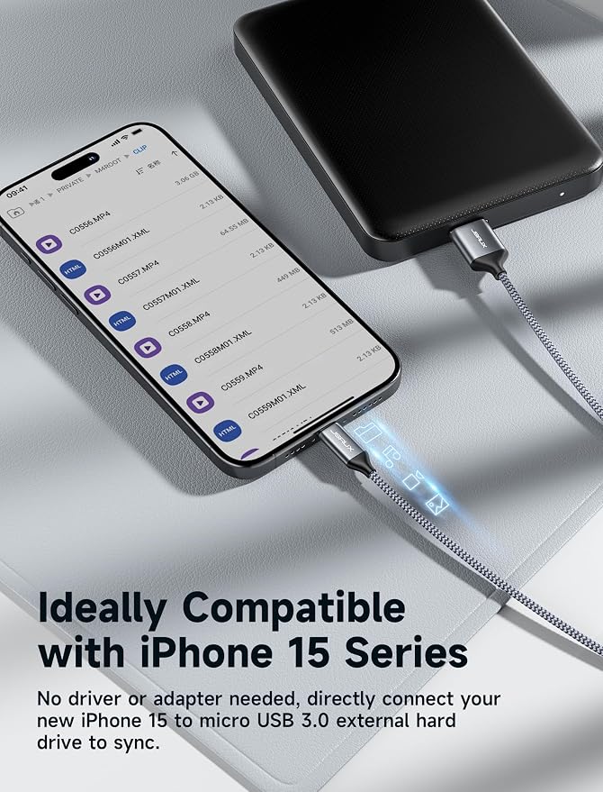 JSAUX 10Gbps Micro B to USB C Hard Drive Cable [1.5FT+1.5FT] | Nylon Braided Long External Hard Drive Cable Compatible for Seagate WD etc MacBook Pro/Air Galaxy S24 iPad