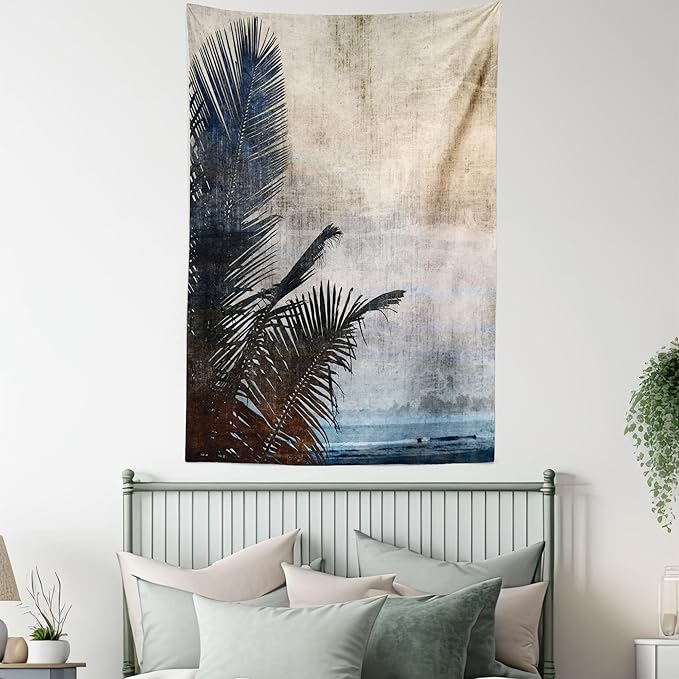 Ambesonne Hawaiian Tapestry Queen Size, Palm Tree Leaves on Grunge Background with Sea Vintage Waterscape Illustration, Wall Hanging Bedspread Bed Cover Wall Decor, 88" X 88", Beige Indigo