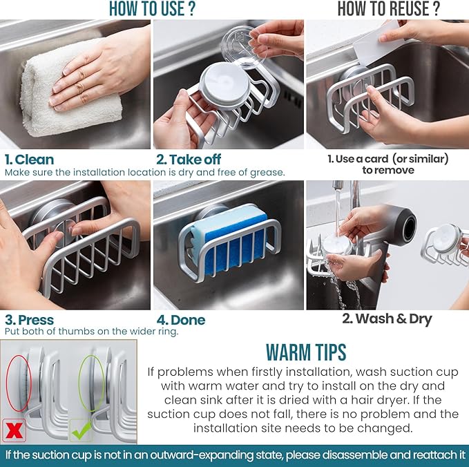TAILI Sponge Holder for Kitchen Sink with Strong Suction Cup, Rustproof Aluminum Sink Caddy for Sponges, Removable Sponge Holder, Dish Brush for Scraper - Silver
