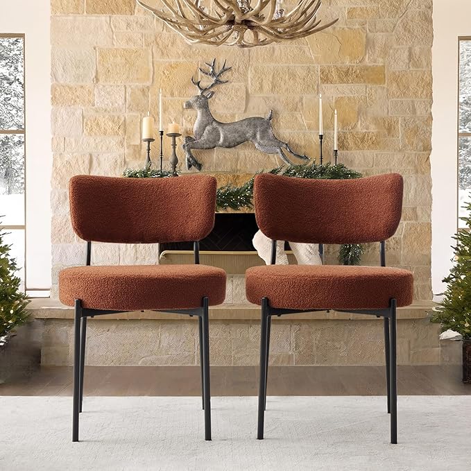Brown Boucle Dining Chairs Set of 8, Upholstered Dinner Chair with Metal Frame, Dining Room Chairs with Padded Seat, Round Modern Seating for Living Room