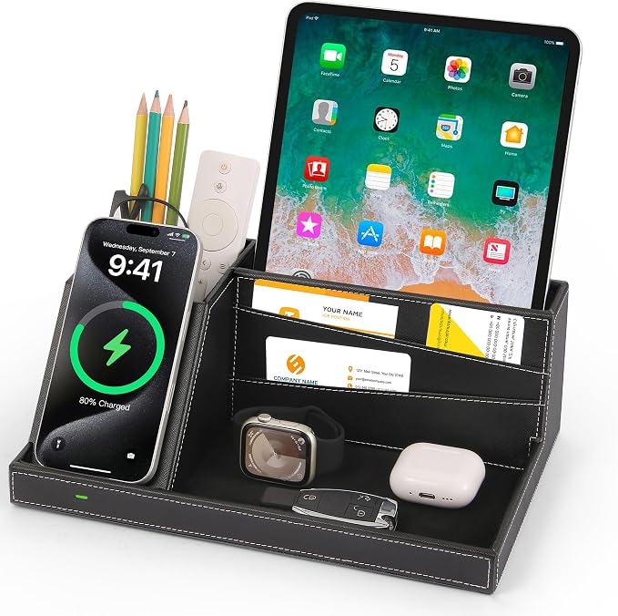 Fast Wireless Charging Station with Desk Organizer for iPhone 17/16/15/15 Pro/14/14 Pro Max/14 Pro/14 Plus/13/13 Pro Max/13 Pro/and iPhone 12/11 Series Nightstand Desktop Organizer for Home Office