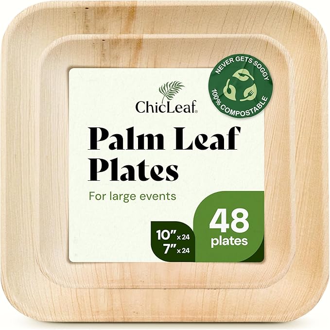 Chic Leaf Compostable & Biodegradable Palm Leaf Disposable Bamboo Plates - Disposable Party Plates for Appetizers - Christmas Meal Dinner, Turkey Holiday Food - Reusable Supplies (10 & 7 Inch Square)