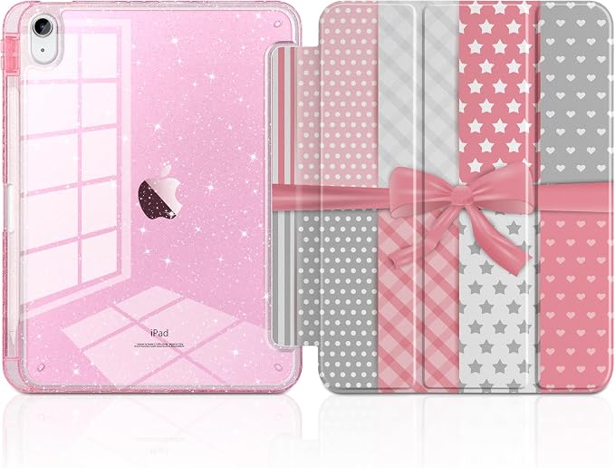 MEEgoodo Case for iPad A16 11th Generation 2025/10th Generation 2022 Glitter Tablet Cases with Transparent Acrylic Back+Trifold Stand +Pencil Holder+Auto Wake/SleepAbstract Sun &amp Palm Tree