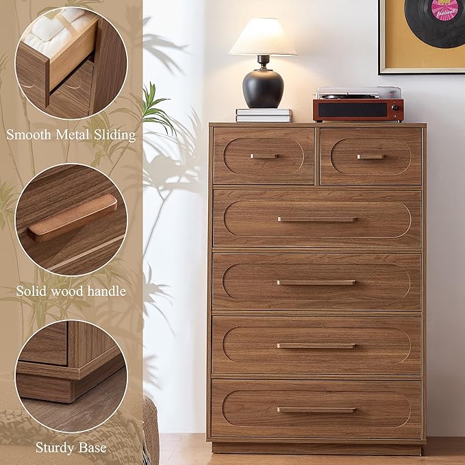 Walnut 6 Drawer Dresser for Bedroom, 44" Tall Dressers & Chest of Drawers w/Solid Wood Handle, Wood Mid Century Closet Organizers and Storage Cabinet for Bedroom, Living Room, Hallway, Walnut