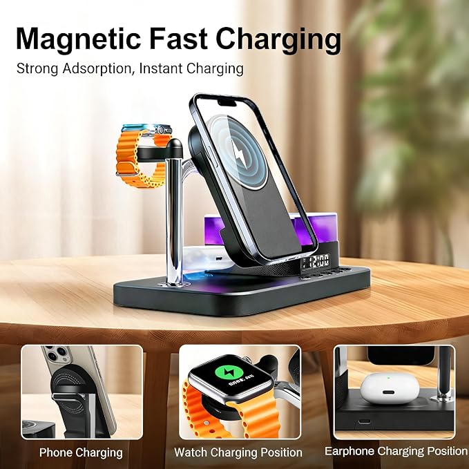 8-in-1 Desktop Charging Station with Bluetooth Speaker RGB Ambient Light Digital Clock Phone Stand Wireless Charger for Phone Watch and Earbuds Black/White (Black)