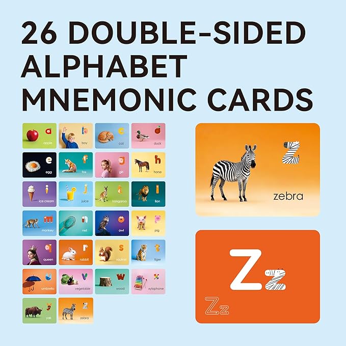 Dotimo Alphabet Picture Mnemonic Cards, 26 Uppercase & Lowercase Letter Learning Cards for Kids Letter Cognition, ABC Montessori Early Learning Tool for Toddlers, Classroom & Home Activity